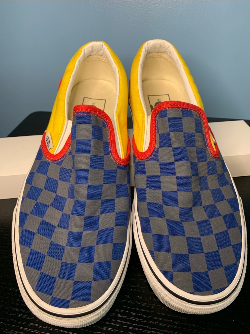 Vans Slip-On Checkerboard Sneakers in Blue, Gray, Yellow with Red Trim